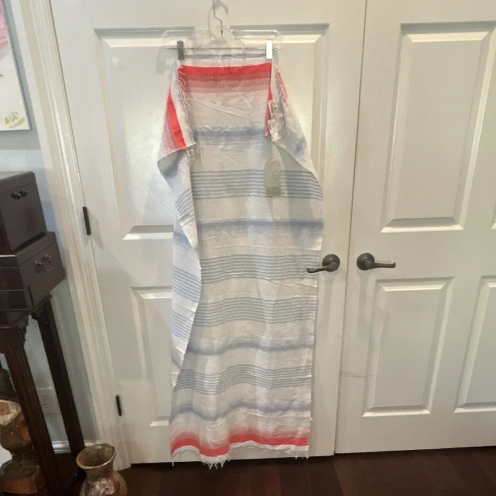 lemlem Handmade Scarf Coral Blue White Cotton Acrylic Fringe swimsuit coverup